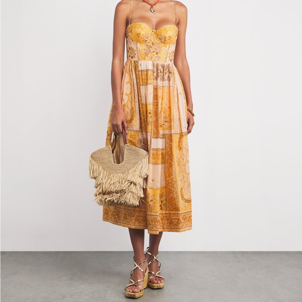 NWT Zimmermann Mustard Bandanna Lucky Corset Patterned Midi Dress